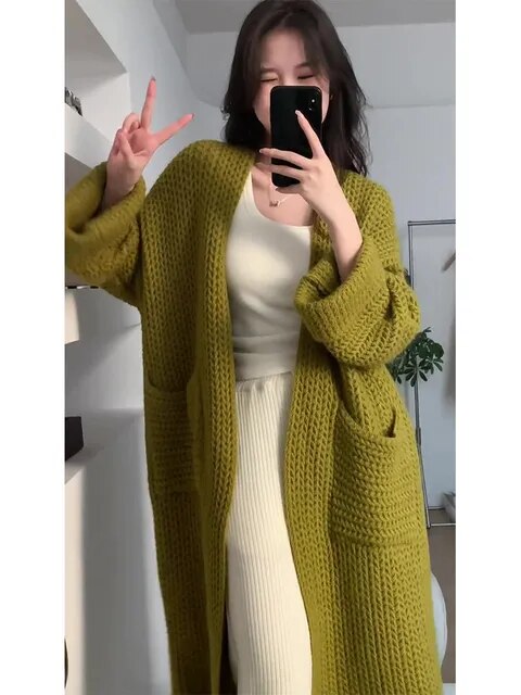 Casual V-Neck Oversized Knit Cardigan - Long Sleeve Loose Sweater for Women