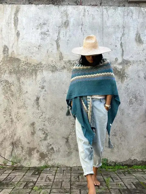 Vintage Oversize Ethnic Plaid Knit Tassel Cardigan Cape Sweater for Women