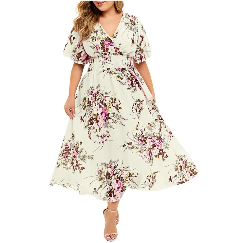 Plus Size Women's Floral Chiffon Bohemian Beach Summer Dress - Flowy Urban Gypsy Dress
