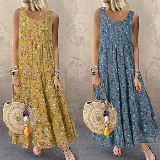 Women's Bohemian Floral Print Sleeveless Maxi Beach Dress - Vintage Loose Sundress