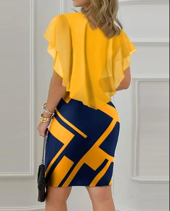 New Fashion 2023 Summer: Short Sleeve Geometric Print Bodycon Mini Dress with Ruffle Hem - Elegant and Casual for Women