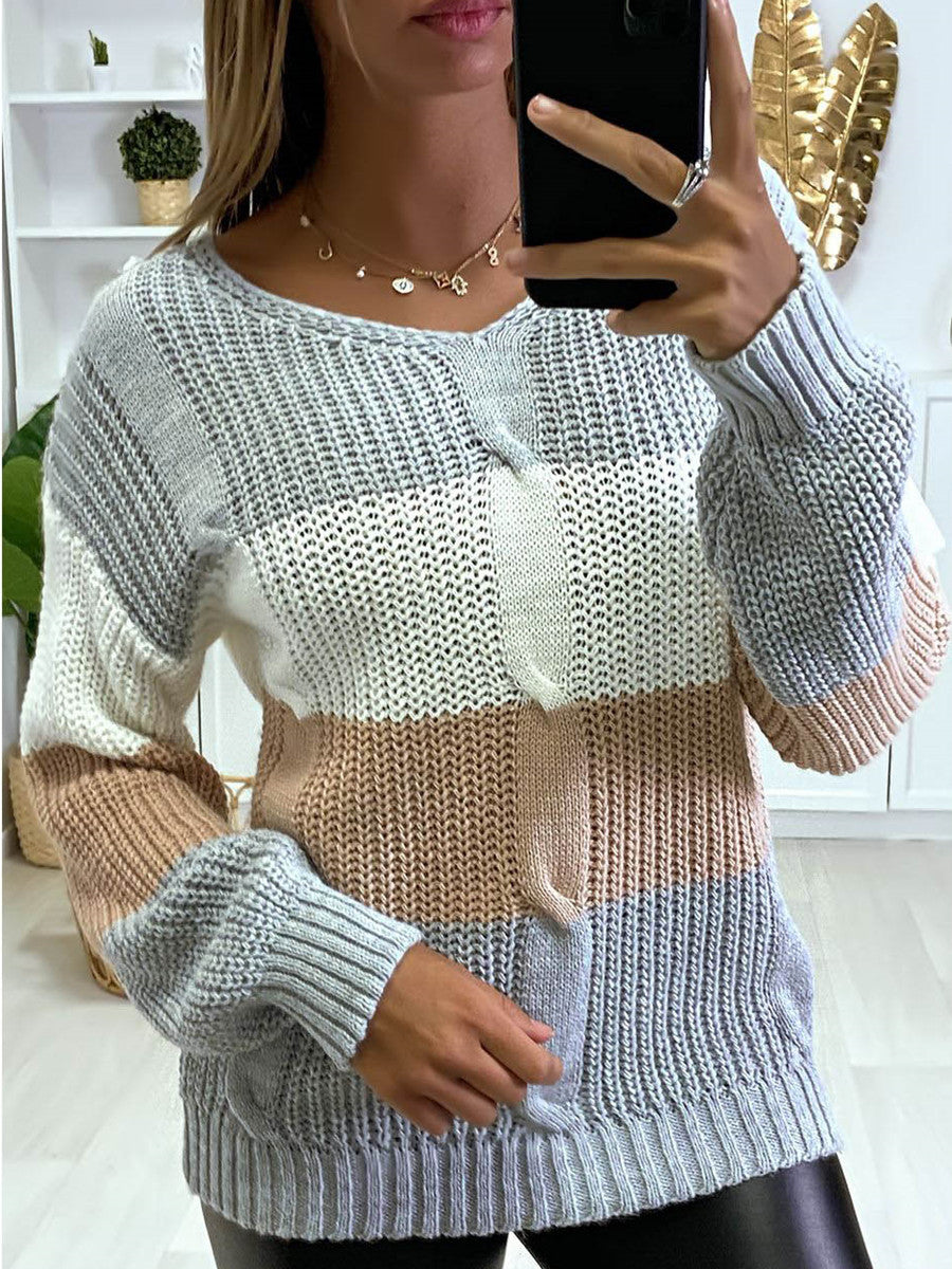 New Knitted V Neck Color Matching Long Sleeved Sweater Women