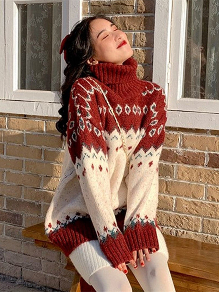 Ladies Red Turtleneck Sweater For Autumn and Winter - ladieskits - 0