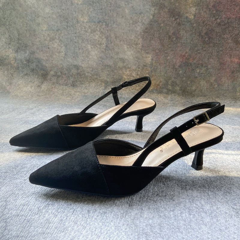 High Heels Women Black Suede Single Shoes With Buckle - ladieskits - 0