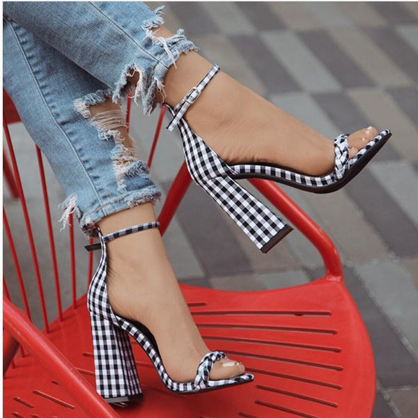 Plaid chunky heel high heel women's shoes - ladieskits - 0