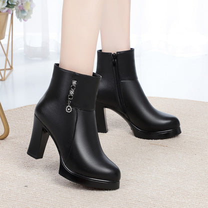 Plush leather high heel boots - ladieskits - 0