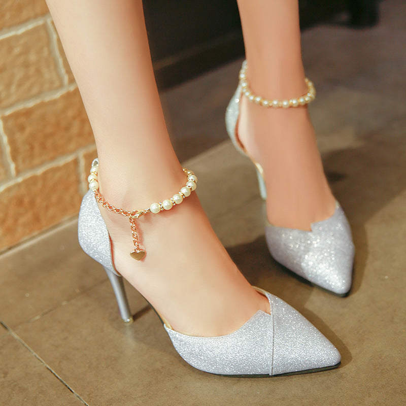 2021 women pumps pearl bead High Heels shoes sequined bling shoes 10CM party Shoes Woman sandals golden silver point shoes - ladieskits - 0