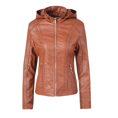 Women's Chest Pocket Hooded Zipper Women Leather Jacket - ladieskits - 0