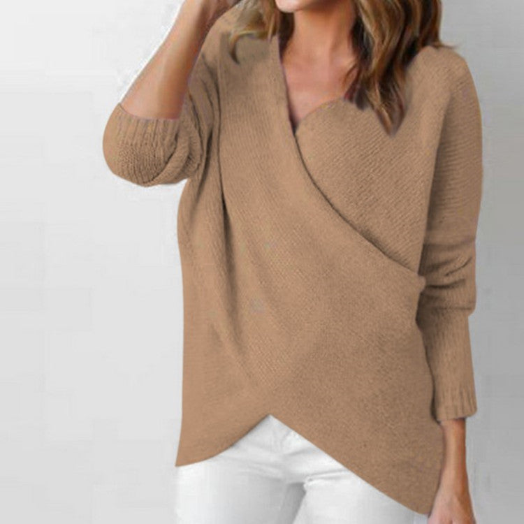 V-neck cross long-sleeved knitted sweater women - ladieskits - sweatshirt vs sweater