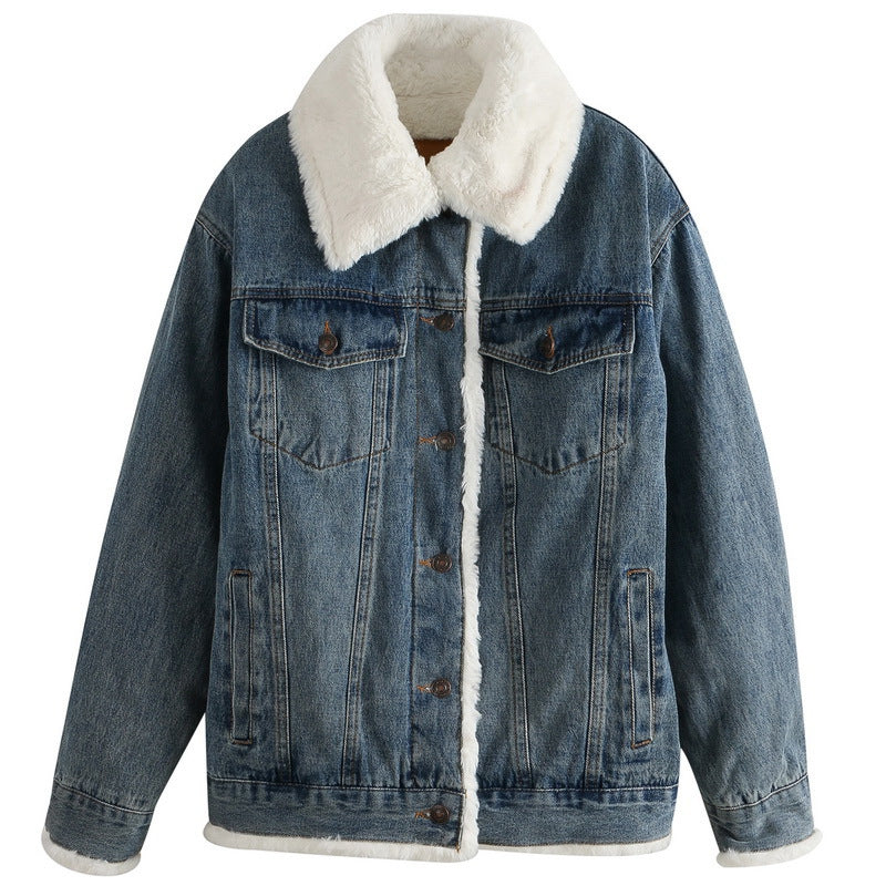 Plush Thick Lamb Wool Denim Jacket Women Short - ladieskits - jacket