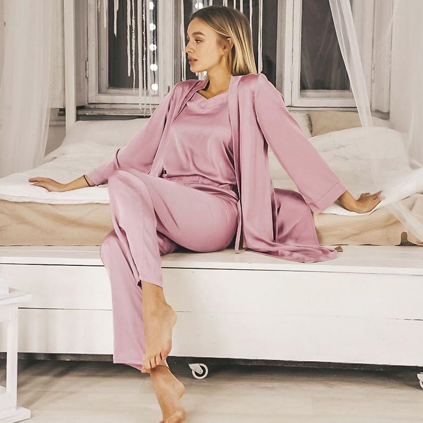 Satin Pink Simple Pajamas Suit Women Night Gown Pajamas Simulation Silk Home Service - ladieskits - women pajamas