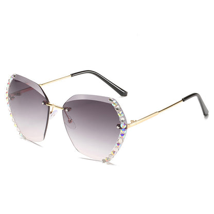 Rimless Sunglasses With Diamond-Studded Polygonal Sunglasses - ladieskits
