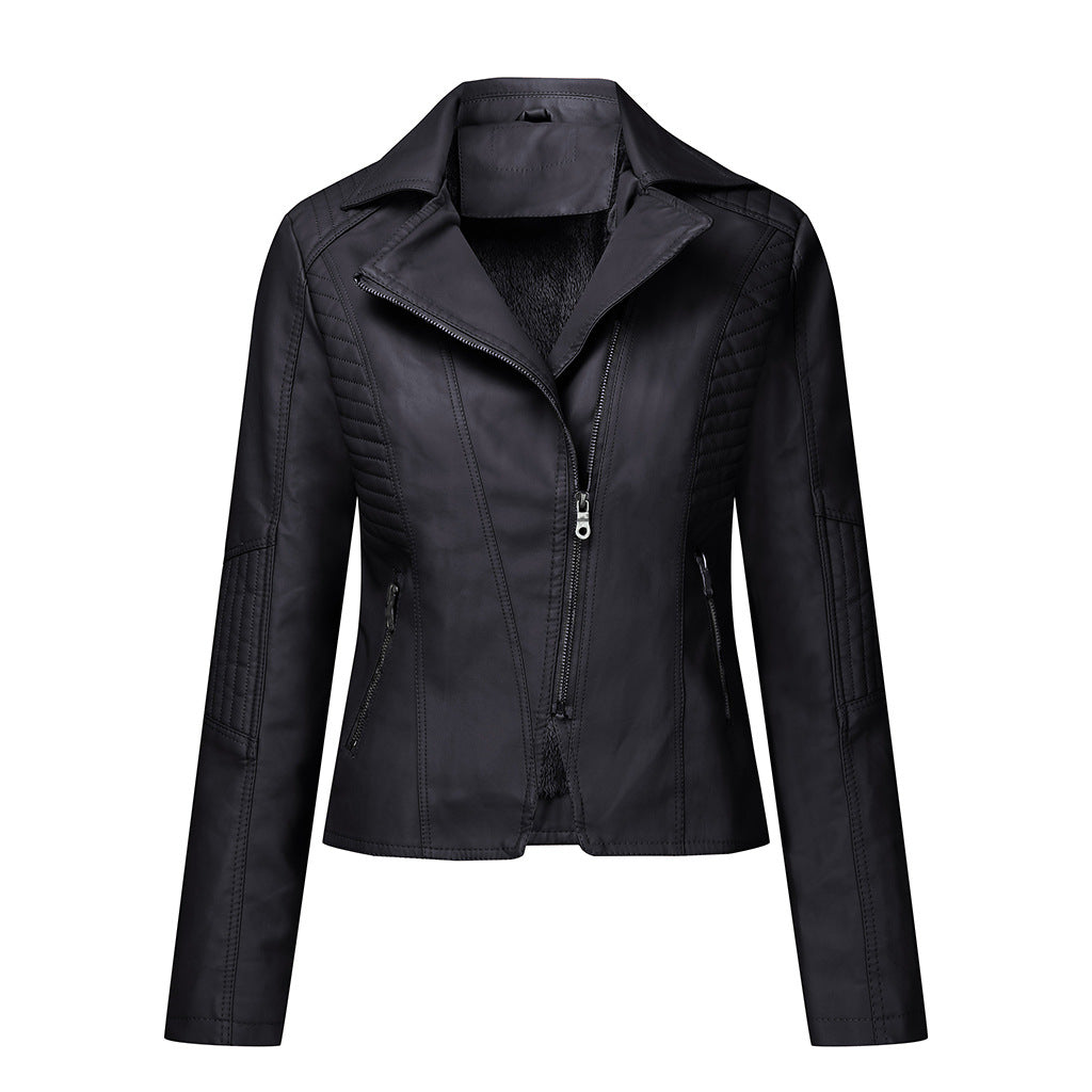 Women's Plush Leather Jacket Oblique Zipper Short Women Jacket Casual Jacket - ladieskits - 0