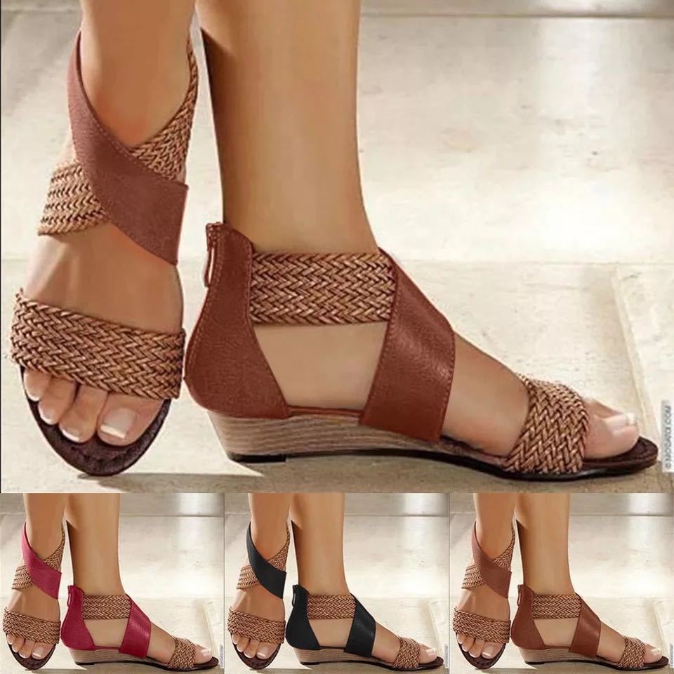 Hollow Braided Strap Ladies Sandals Open Toe Wedge Sandals - ladieskits - 0