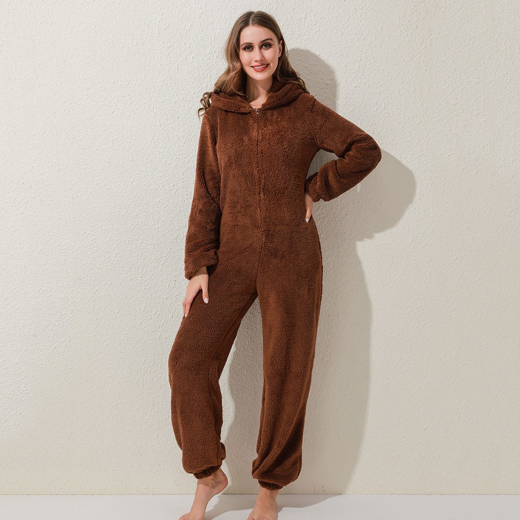 New Autumn And Winter Style One-Piece Pajamas Plus Velvet Thickening Pajamas Plush Hoodie Women - ladieskits - women pajamas