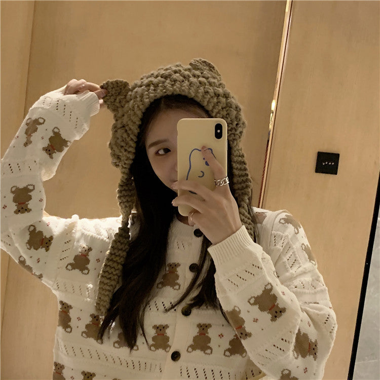 Cute bear long sleeve knitted sweater - ladieskits - sweatshirt vs sweater