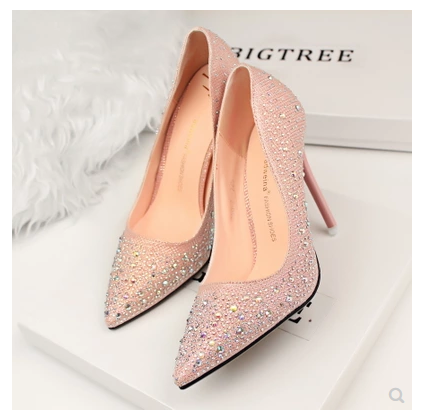 Spring new high heel women's fine with gold pointed wedding shoes crystal evening dress red shoes silver bridal shoes - ladieskits - 0