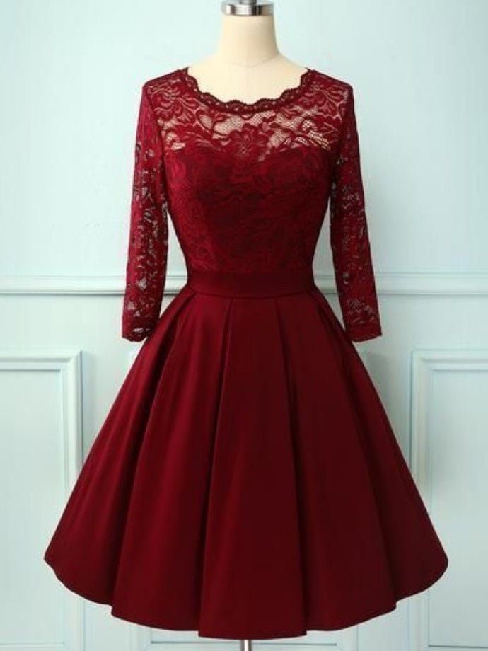 1950s Burgundy Lace Short Prom Dress with Sleeves,21121308