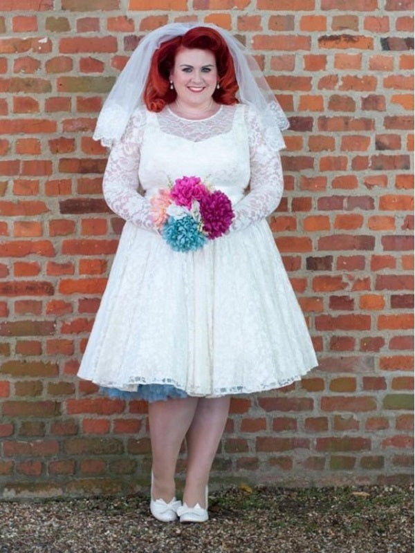 1950s Style Lace Short Vintage Wedding Dresses Plus Size with Sleeves WS041
