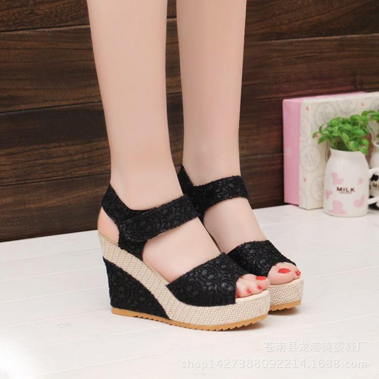 Manufacturers selling 2021 spring and summer new explosion network bookeen sexy mouth shoes wedge sandals black women's sandals - ladieskits - 0