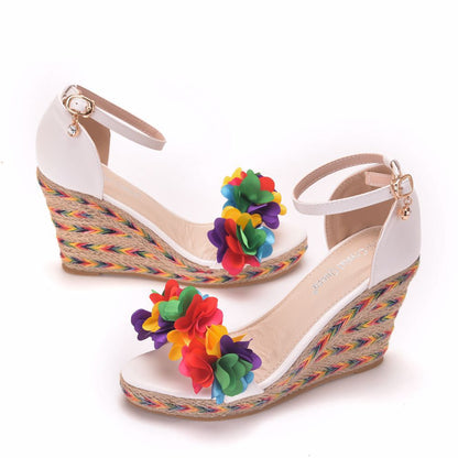 Colorful Flower Fish Mouth Wedge Sandals White Wedge Sandals - ladieskits - 0