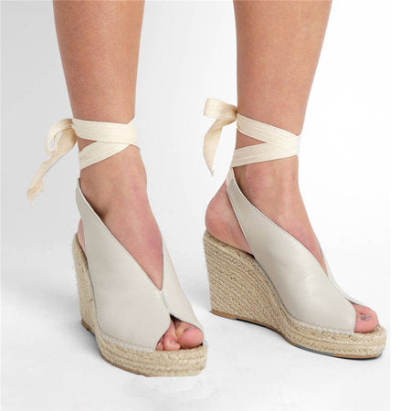 Straw wedge heel strap sandals - ladieskits - 0
