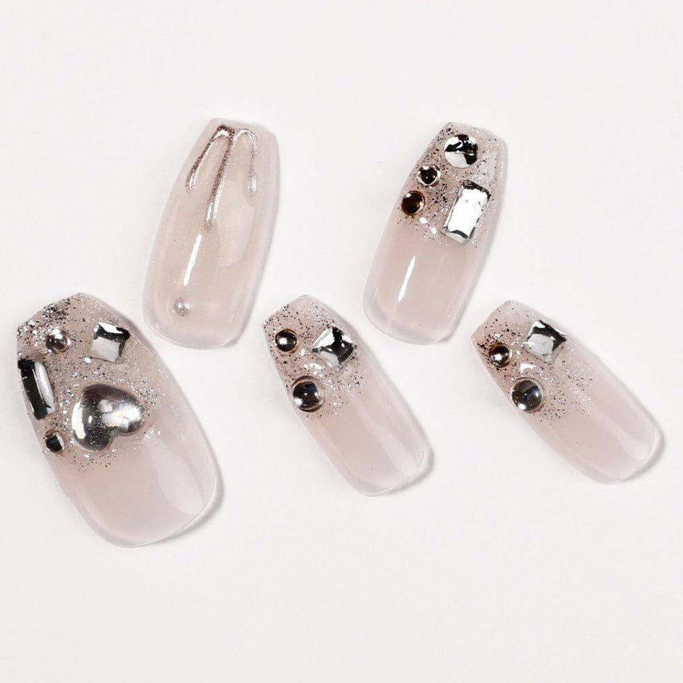 Handmade Solid Nude Diamond Sequins Medium Squoval Manicure Press On Nails