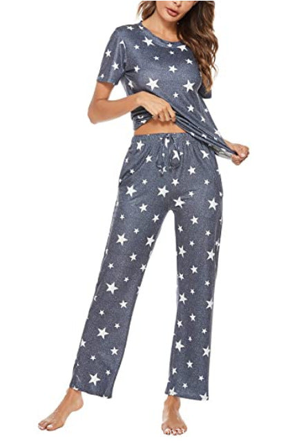 Short Sleeve Round Neck Trousers Star Print Pajamas Suit Women - ladieskits - women pajamas