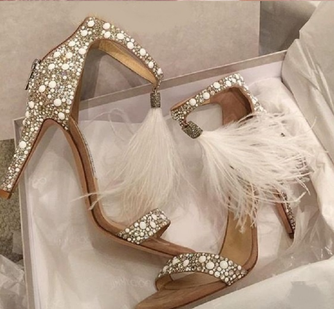 Wedding shoes solid color hot drilling sexy feather sandals feather sandals wedding shoes dance - ladieskits - 0