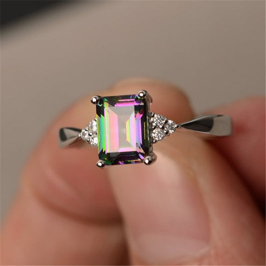 Colorful stone square diamond ring European and American creative personality inlaid rainbow gem ring jewelry - ladieskits - luxury rings