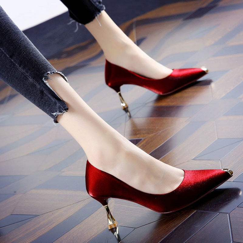 Pointed Satin High Heels Women Stiletto All-match Single Shoes - ladieskits - 0