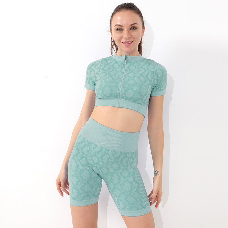Yoga Clothing Zip Short Sleeve Fitness Top Set - ladieskits