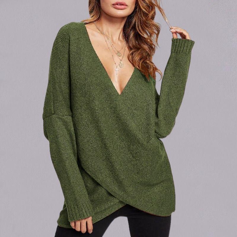 V-neck cross long-sleeved knitted sweater women - ladieskits - sweatshirt vs sweater