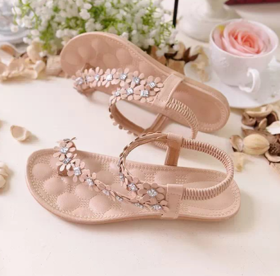 Flat bottom flower rhinestone boho female sandals foreign trade large size shoes - ladieskits - 0