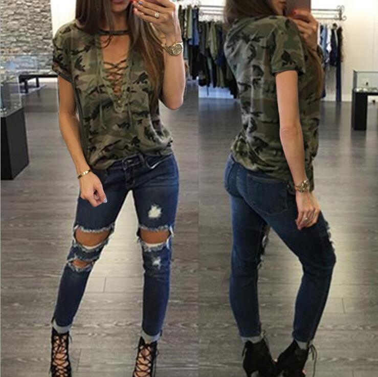 Women Camouflage V-neck Short sleeve T-shirt - ladieskits - 0