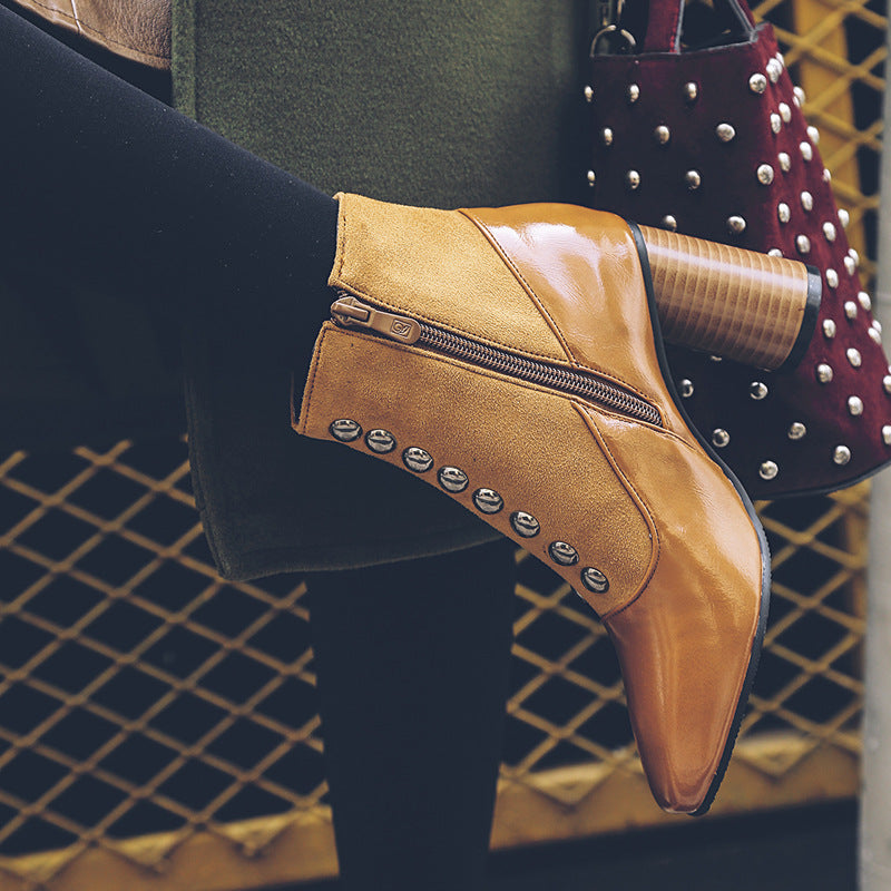 Thick heel high heel booties with rivets - ladieskits - 0