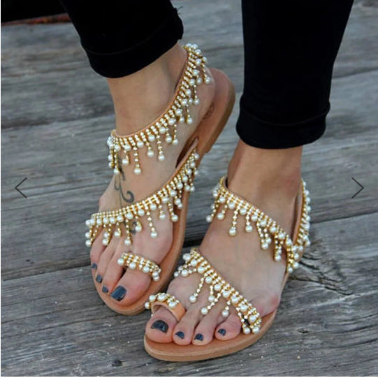 Women Sandals Flat Pearl Comfortable String Bead Slippers - ladieskits - 0