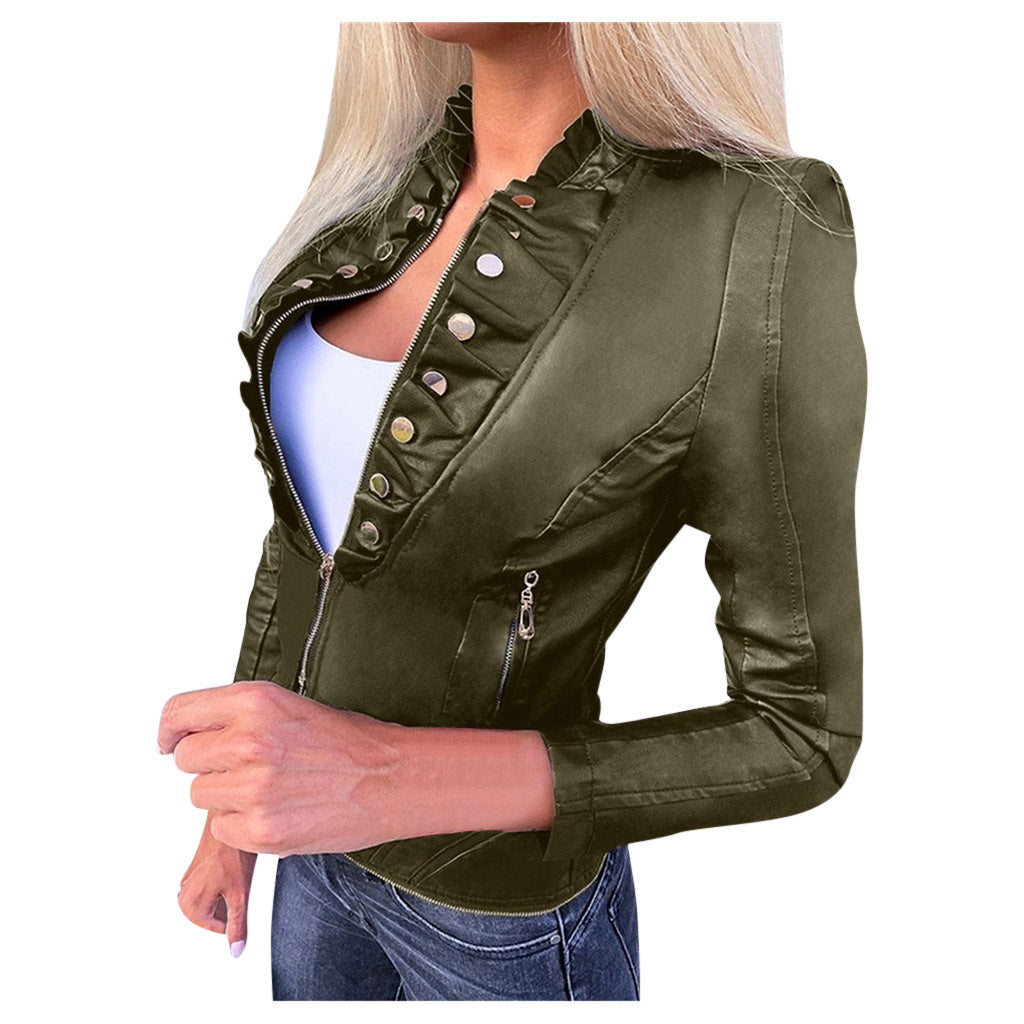 PU motorcycle clothing slim slim winter leather jacket - ladieskits - 0