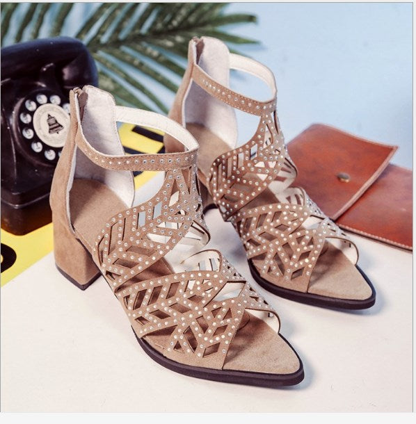 New Korean version of hollow rhinestone fish mouth sandals thick with high heel women's shoes sandals - ladieskits - 0
