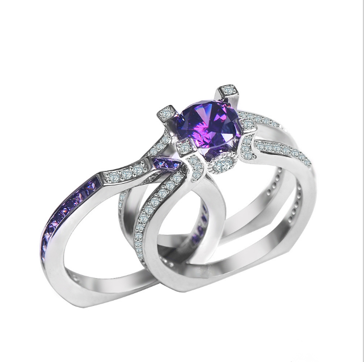 Luxury Female purple Ring Set Bridal Sets High Quality white Gold Filled Jewelry Vintage promise Rings For Women Girlfriend Gift - ladieskits - 0