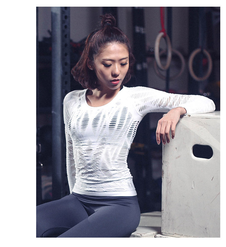 Women Mesh Hollow Out Yoga Top Full Sleeve Sport T Shirt Quick Dry Fitness Clothing Sports Gym Running Jogging Shirts Activewear - ladieskits - 0