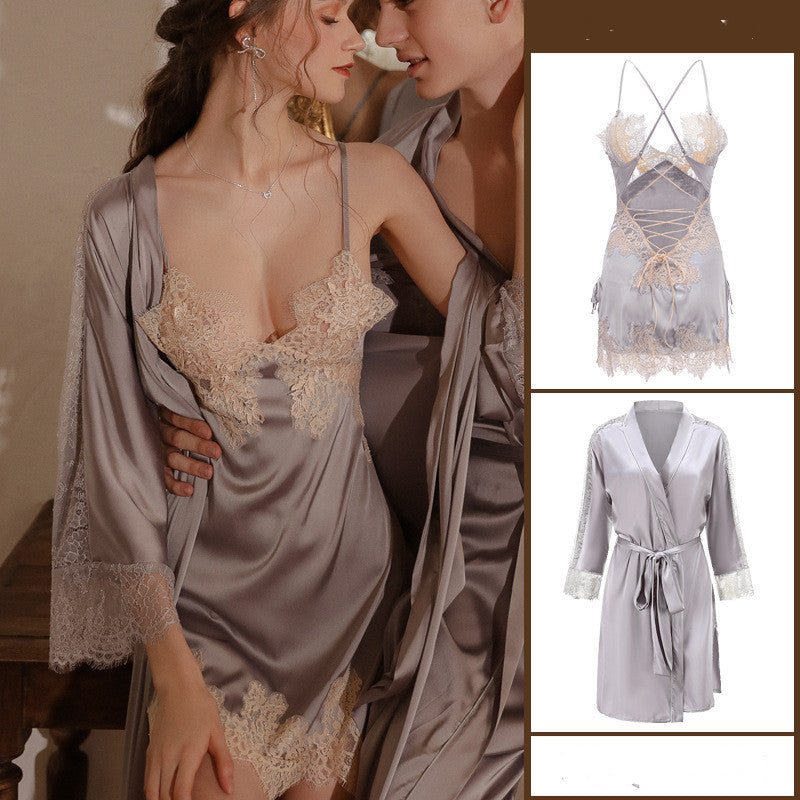 Sexy Pajamas Women Summer Ice Silk Thin Lace Suspenders Nightdress Suit Flirting Temptation - ladieskits - 0