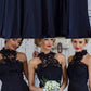 Modest Halter Lace Top A-Line Dark Blue Bridesmaid Dresses Long with Side Slit,#711067
