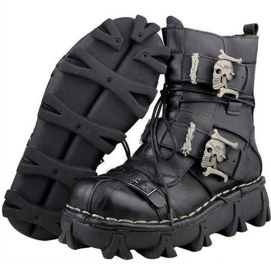 Men's Cowhide Genuine Leather Motorcycle Boots Military Combat Boots Gothic Skull Punk Boots - ladieskits - 0