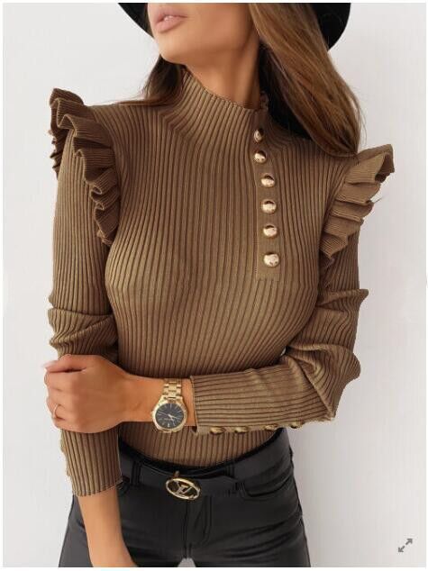 Fall/winter ruffled long-sleeved button blouse bottoming shirt women