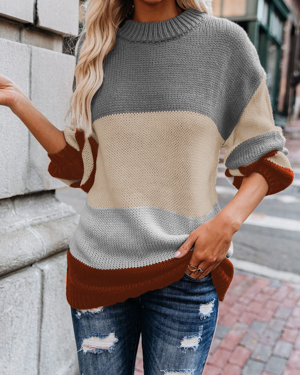 Autumn And Winter Knitted Sweater Round Neck Striped Sweater Women - ladieskits - 0