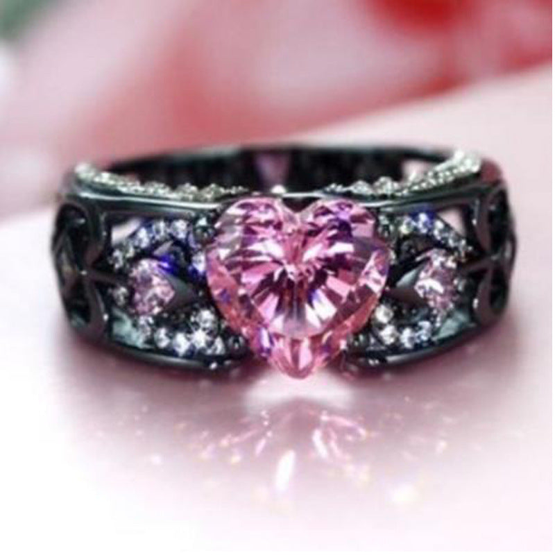 Creative Design For The Amazon. Europe And The United States Princess Diamond Ring Heart-shaped Ruby Engagement Lady Black Gold Ring - ladieskits - luxury rings