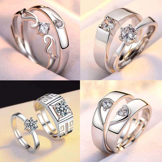 Silver Plated Couple Rings A Pair Of European And American Diamond Rings - ladieskits - 0