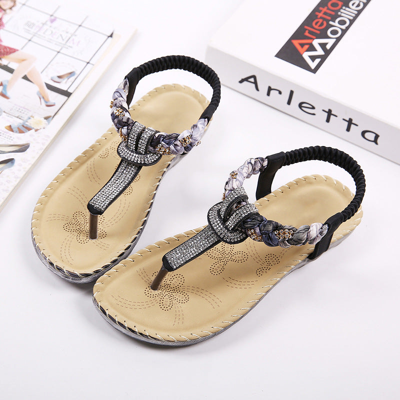New sandals female summer rhinestone flat bottom simple sweet beach shoes pinch bohemian sandals and slippers ladies - ladieskits - 0