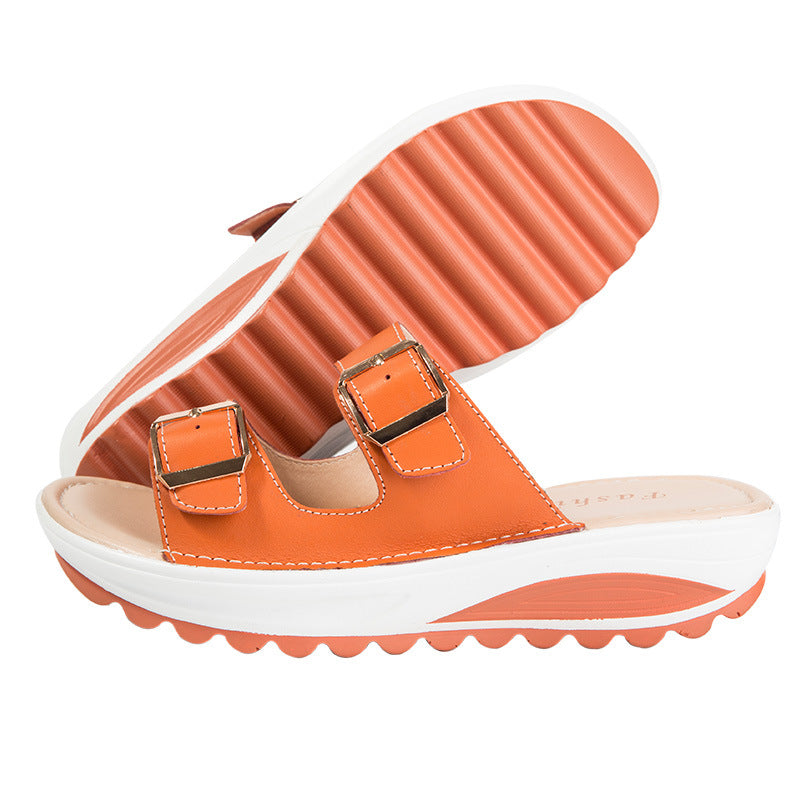 The 2021 summer new leather slope with thick soles muffin with leisure shoes sandals slippers shoes shake - ladieskits - 0